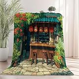 Kuscheldecke 130×150 cm, Weiche Flanell Wohndecke mit Japanischer Stil Nudelrestaurant Blumen Anime-Stil Muster, Waschbare Decke für Kinder & Erwachsene, Grün Gemütlicher Überwurf Für Bett und Couch
