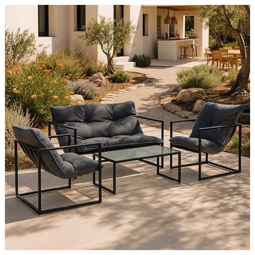 casa.pro Set Salottino per Esterno Mobili da Giardino Patio Terazza Set di Divano e 2 Poltrone con Cuscini in Olefina e Tavolino con Piano in Vetro - Nero/Grigio