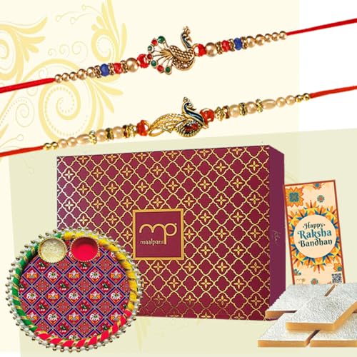 Image of maalpani Rakhi with Sweets Gift Box - Designer Rakhi for Brother with Roli Chawal & Greeting Card - Raksha Bandhan Gift Hamper for Bhai (D2068s) Dryfruit -Bites-katali Sweet