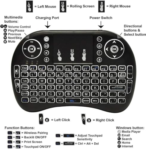 Image of Wireless Mini Keyboard with Touchpad, 2.4GHz USB Receiver + Bluetooth, RGB Backlit Rechargeable Handheld Remote, 92 Keys for Smart TV, HTPC, Android TV Box, Laptop, PC, Tablet & Mobile
