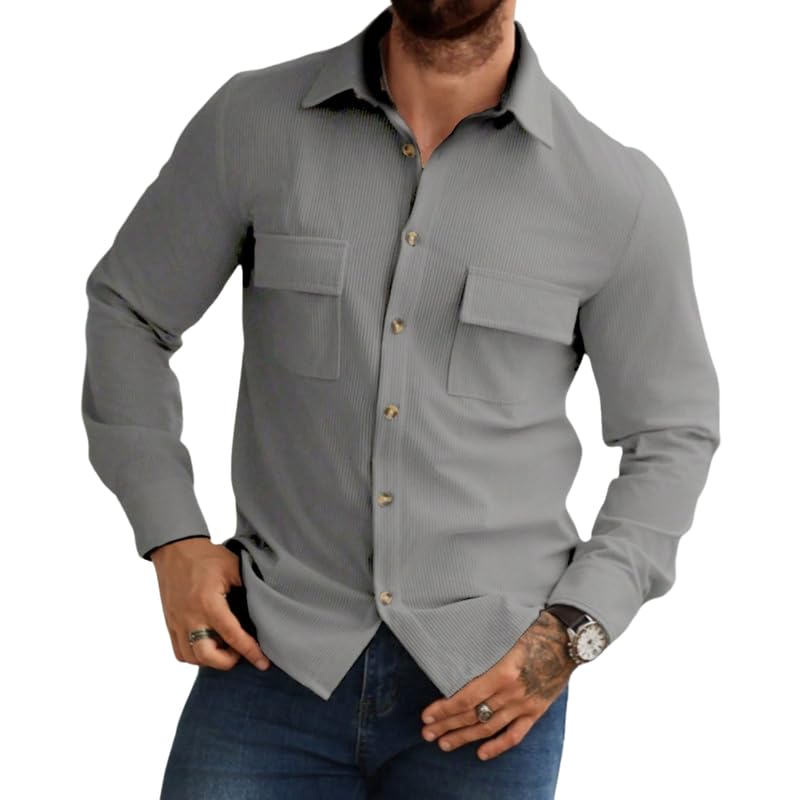 Image of COMBRAIDED Corduroy Men's Full Sleeve Casual Striped Shirt - Comfort Fit, Ideal Stylish and Versatile Clothing