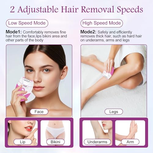 Image of Epilator for Women, Smooth Glide Facial Hair Remover with 2 Speed & LED Light, Rechargeable Cordless Electric Epilator for Face, Bikini, Underarms, Arms, and Legs, Painless & Portable
