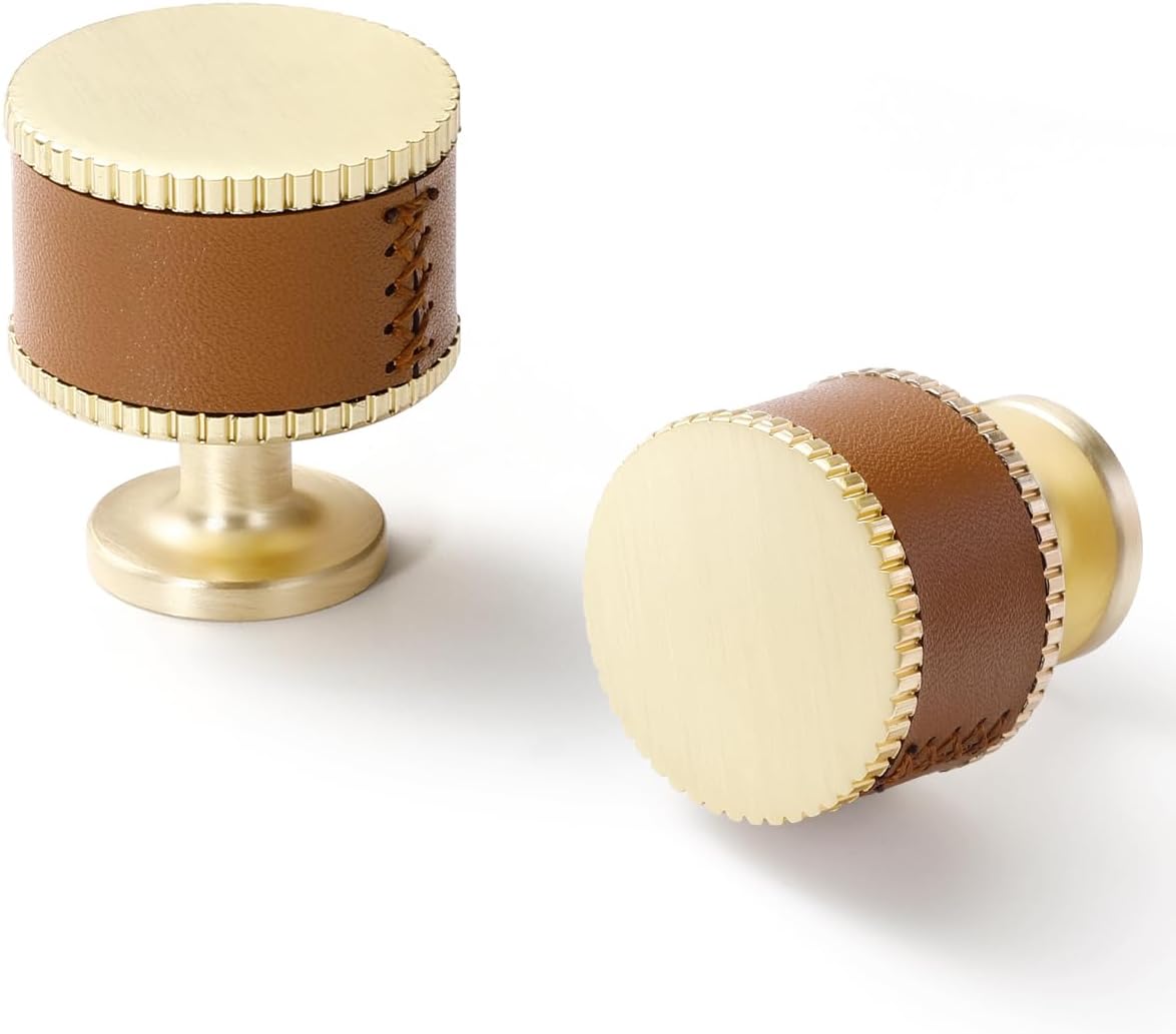 Round Leather Drawer Pulls 2 Pack Gold Brown Leather Handles Cabinet knobs for Kitchen Bathroom Drawers Dressers