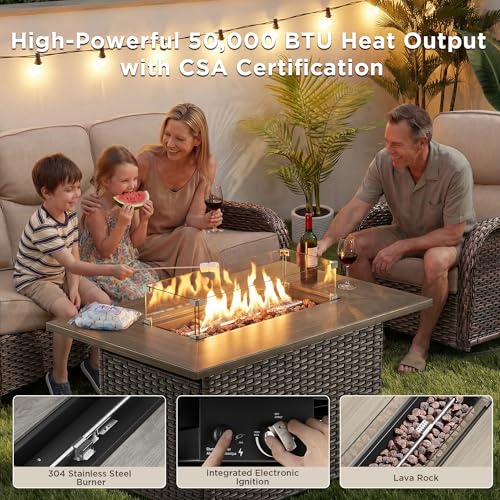 Luxury Patio Furniture Set with Fire Pit Table-4 Pieces High Back Wicker Swivel Rocker Chairs with 6" Extra Thick Cushions, Outdoor Patio Conversation Sets for Porch Deck Backyard(Brown/Beige) - Image 3