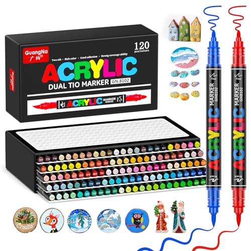 Sonlaryin 120 Couleurs Feutre Acrylique Double Pointe(Fine et Pinceau), Marqueur Peinture Acrylique Pinceau Pour Papier, Verre, Galet, Métal, Plastique, Bois,...