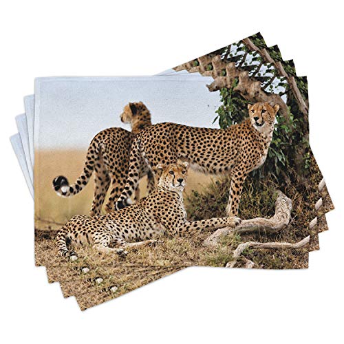 Ambesonne Africa Place Mats Set of 4, Cheetahs Mother and 2 Young Looking for Food Dangerous Exotic Animals, Washable Fabric Placemats for Dining Table, Standard Size, Black Tan