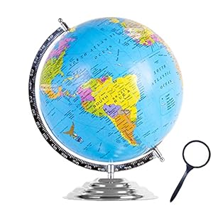 Magicwand Metal & Board Political Educational Laminated Rotating World Globe with Metal Base【12 inch Chrome with Magnifier】