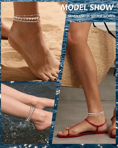 Image of ZHESHY Gold Silver Ankle Bracelets for Women 14K Gold Plated Anklets for Women Waterproof Cuban Link Heart Chain Anklets Set Non Tarnish Dainty Layered Anklet Bracelets for Women Summer Beach Jewelry