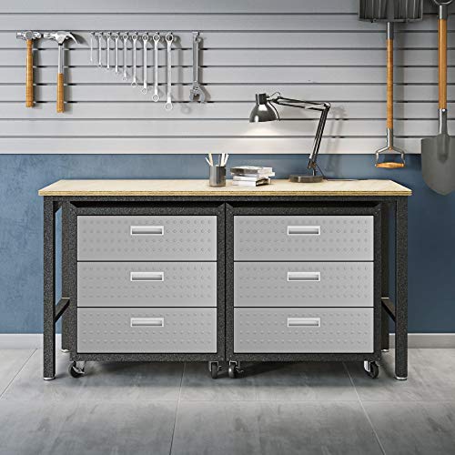 Image of Manhattan Comfort Fortress 3-Piece Textured Garage Storage Set, Includes Mobile Metal Cabinet Chests and Worktable, Space-Saving Design, 24-Gauge Metal, Lockable Wheels, 6.0 Series, Grey