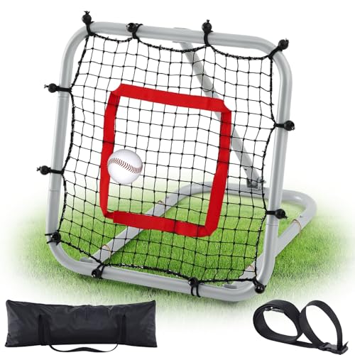Pro Portable Baseball and Softball Rebounder Adjustable Heavy Duty Pitch-Back Net with Storage Bag Carrying Strap Fielding Trainer Net 3 Angles Ground Balls Line Drives Pop Flies(1.67' X 1.67')