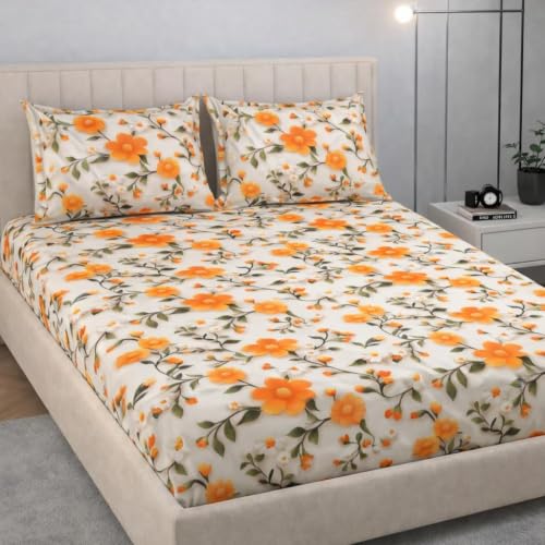 Image of 380 TC Premium Glace Cotton Elastic Fitted Bedsheet King Size with 2 Pillow Covers King Size | Double Bed with All Around Elastic (7DOrange, Fitted - 72 inchx78 inch King)