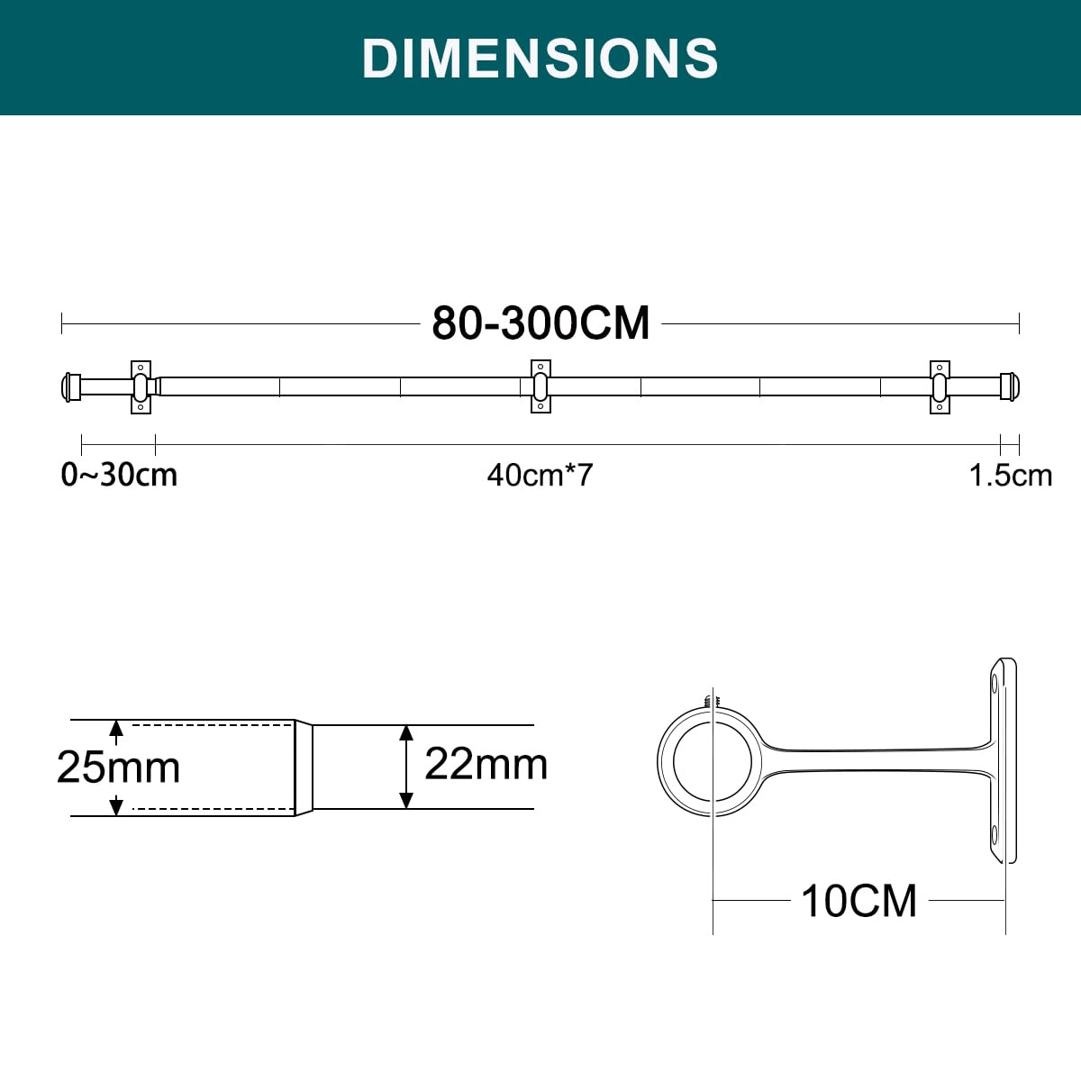Tringle à rideaux pour fenêtres avec embout rond, 80-300 cm, Tringle à rideaux réglable pour montage au plafond robuste avec supports, Tringle à rideaux murale pour rideaux suspendus