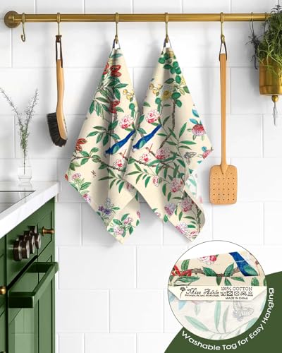 Image of Miss Adola 150GSM Flour Sack Kitchen Towels Set of 2, Bird on Branch | 18 inchx26 inch, Lightweight, Lint-Free, Pure Cotton, Decorative, with Hanging Loop, Absorbent, Softer after Wash, Giftable Package