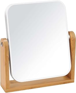 LFOYOU 8" Bamboo Vanity Makeup Mirror - Double-Sided 1x/3x Magnifying Mirror with 360° Swivel Stand for Bathroom Bedroom
