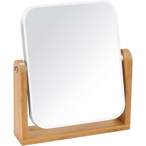 LFOYOU Vanity Makeup Mirror with Natural Bamboo Stand, 1X/3X Magnification Double Sided 360 Degree Swivel Magnifying Mirror, Tabletop Magnified Make up Mirror for Bathroom or Bedroom 8 Inch