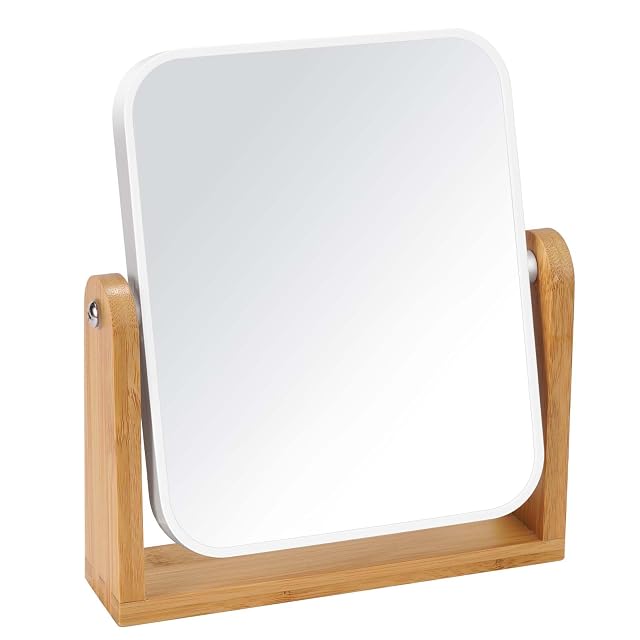 LFOYOU Vanity Makeup Mirror with Natural Bamboo Stand Double Sided 360 Degree Swivel Magnifying Mirror Tabletop Magnified Make