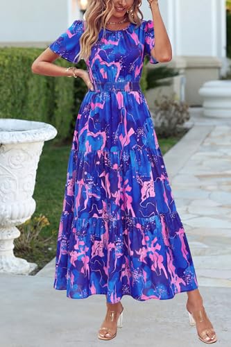 Image of PRETTYGARDEN Women's Casual Smocked Boho Floral A-Line Maxi Dress 2026 | Summer Short Flutter Sleeve Crewneck Tiered Long Sundress,Fall Wedding Guest Dresses,Spring Cute Flowy Beach Vacation Clothes