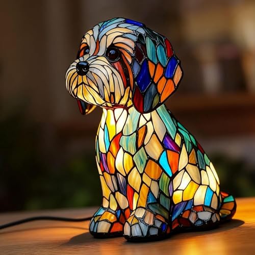 Stained Glass Dog Lamps USB Powered Retro Resin Rainbow Dog Lamp LED Tabletop Cute Puppy Night Light for Dog Lover Home Decor (1Pcs)