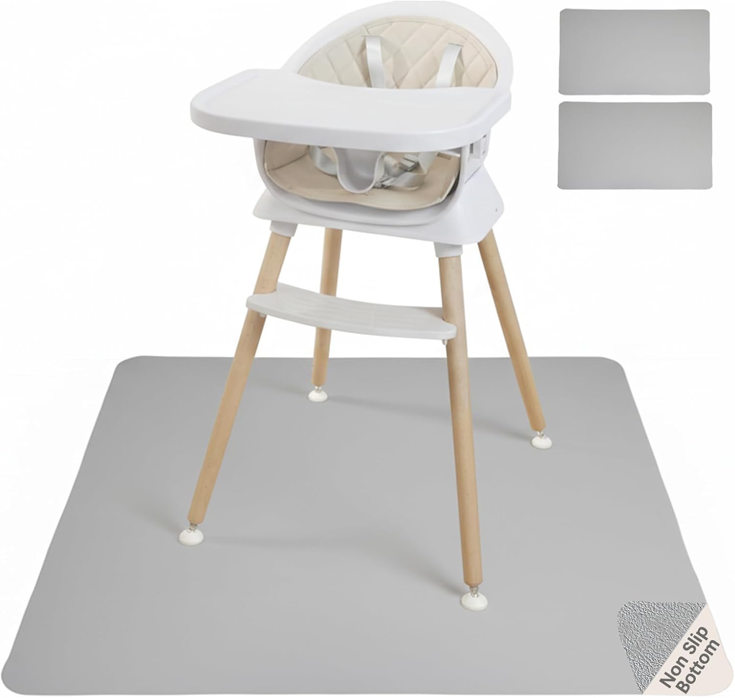Baby Splat Mat for Under High Chair 43x43 Inch + 2Pcs Baby Table Mat, Vegan Leather Waterproof Washable Floor Protector, Oil-Stain Resistant Wipe Clean Anti-Slip Toddler Feeding/Crawling Mat (Gray)