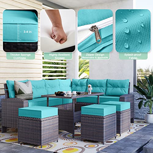 Alaulm 7 Pieces Patio Furniture Set Outdoor Sectional Sofa With Turquoise Cushions All Weather Wicker Rattan Sofa Set W/3 Loveseats,1 Dining Table And 3 Ottomans #TOP2