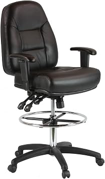 كرسي Harwick Premium Leather Drafting مع الأسلحة - جلد أسود