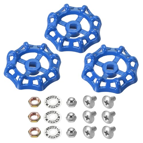 PATIKIL Außenwasserhahn Griff Vierkantstiel Loch 8x8mm, Gussstahl Rundrad Wasserhahngriffe Ersatz Wasserhahngriff mit Schraubenabstandshalter, Blau, 3 Stück