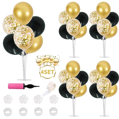 Balloon Stand Kit 4 Sets for Table Centerpieces Include 32 Pcs Black Gold Latex Confetti Balloons for Birthday New Years Eve 2026 Graduation Happy New Years Party Decorations