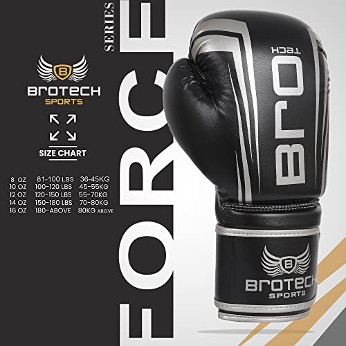 Brotech Force Boxing Gloves For Men & Women, Training, Sparring, Punching, Heavy Bag, Focus Mitts Pads Workout - Kickboxing, Muay Thai, Mma - Multi Layered With Ventilated Palm (8 Oz, Black Silver) #TOP4