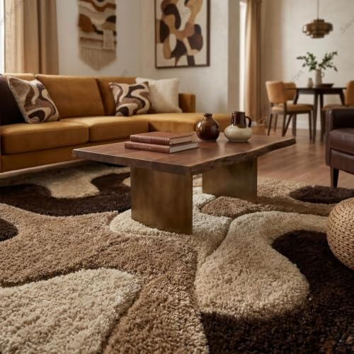 Image of SWEET HOMES Luxury Abstract Shag Rug, Thick Soft Square Area Carpet for Living Room, Bedroom, 8 x 8 Feet (244 x 244 cm), Brown