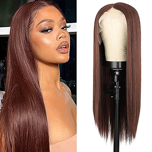 Nnzes Brown Straight Lace Front Synthetic Wig for Women Auburn Long Straight T-part lace Front Wigs Natural Looking 26 Inch Middle Part Heat Resistant Fiber Hair