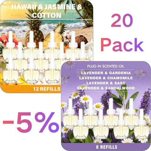 20PCS 6 Scent Plug Ins Refills Air Freshener, Hawaiian, Jasmine & Cotton, Lavender & Gardenia, Lavender & Chamomile, Sage, Sandalwood