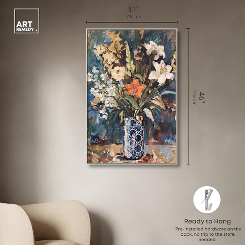 Image of Art Remedy Blue Floral Vase Canvas Floral Vase Wall Art, Silver Frame, 30 inch x 45 inch