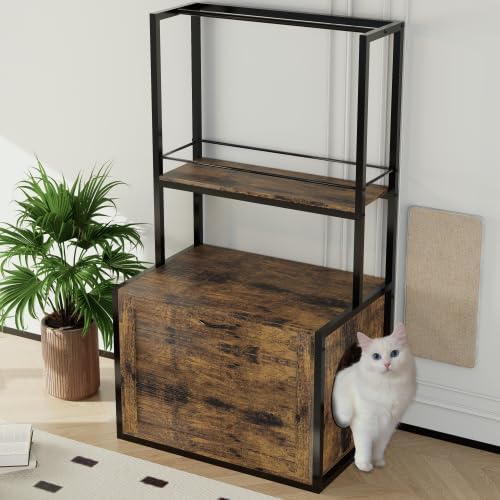 55" Cat Litter Box Enclosure with Storage Shelves & Hanging Racks - 4-in-1 Hidden Litter Box Furniture, Reversible Entrance, Rustic Brown - Stylish & Functional for Any Home