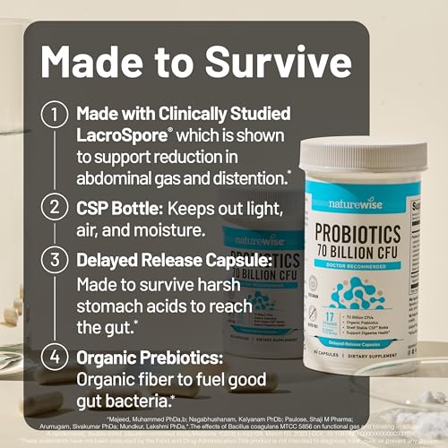 Image of NatureWise Probiotics 70 Billion CFU - 17 Strains + Organic Prebiotics - Immune, Digestive & Gut Health Support for Women & Men - Vegetarian, Gluten-Free, Non-GMO - 60 Capsules[2-Month Supply]