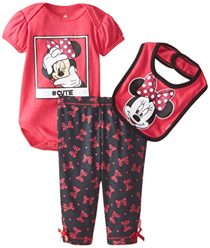 Disney Baby Girls' Minnie Mouse 3 Piece Set, Pant Bodysuit and Bib, Picture Perfect, Red, 0-3 Months