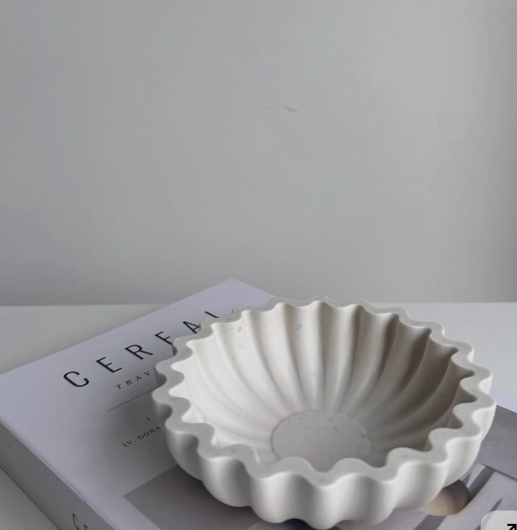 Aesthetic Wavy Edge Handcrafted White Concrete Ruffle Trinket Bowls | Multipurpose Jewelry & Accessory Organizer | Decorative Home Décor Accent-image-4