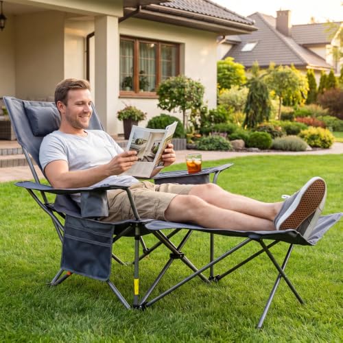 Image of Romswi 2Pack 4-Position Reclining Camping Chair with Removable Footrest, 2-in-1 Adjustable Portable Lounge Chair with Cooler Bag, Cup Holder, Side Pockets & Carry Bag for Outdoor, Grey