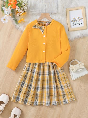 Image of PureChapter Girls' Preppy Clothes Plaid Vest Dress Cardigan Jacket Belt Cute Kids Clothes 7-14Y Green