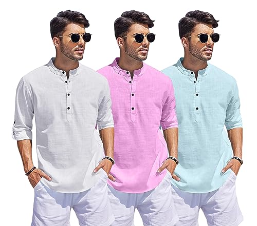 Image of Combo of Men Solid Cotton Blend Straight Kurta Shirt Pack of 3