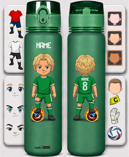 noki Personalisierte Trinkflasche Kinder Fußball – Avatar mit Name & Rückennummer – Geschenk Fußball-WM 2026 (Grün, 650ml)