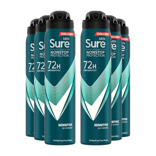 Sure Men Nonstop Protection Sensitive Deodorant Body Spray Antiperspirant with a clean fragrance & body heat activated technology for 72 hour odour and sweat protection 250 ml Pack of 6
