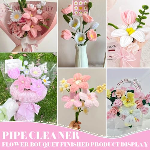 216 pcs Blush Pink Pipe Cleaners Craft Kit - Chenille Stems, Flower Wires, Stamens, Garden Tape, DIY Cherry Blossom Peony Floral Supplies with Tutorial Video Card & Greeting Card (Pink Green Set) by AHAMETON - Used condition - Image 5