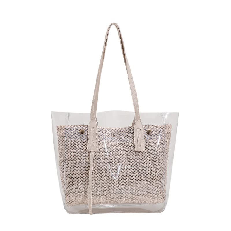 Sommer transparente Strohtasche große Kapazität Rattan Umhängetasche gewebte handgemachte Tragetasche Strandtasche Einkaufstasche(Beige)