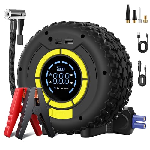 COCCKO Arrancador de Batería de Coche 12V 150PSI con Compresor de Aire y Linterna LED–Power Bank 10000mAh, 5 Modos de Inflado Inteligente, USB-C, Pantalla LCD, SOS Emergencia–Para Coches, Motos, Bicis