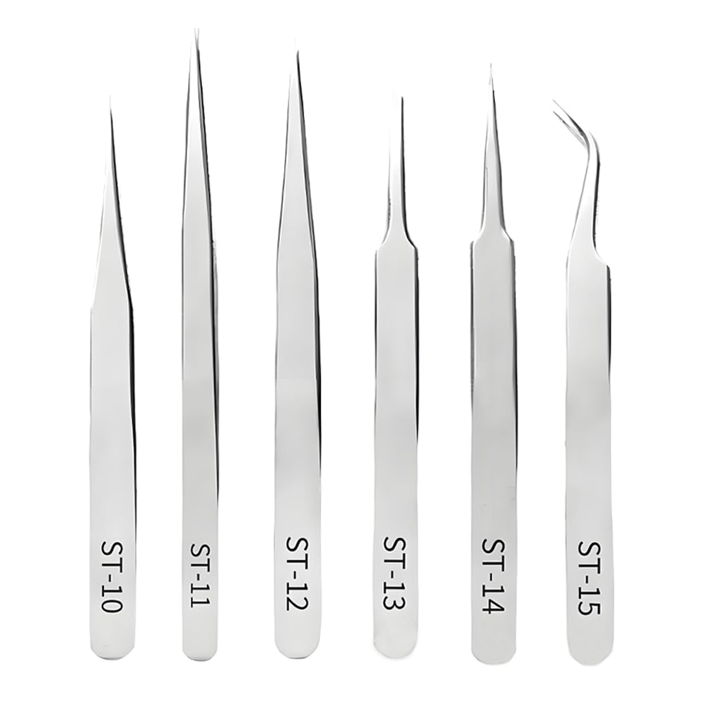 6 PCS Precision Tweezers Stainless Steel Industrial Tweezer Set Assorted Fine Tips Anti Static ST Tweezers Kit for Electronic Components Watch Repair Delicate Crafting
