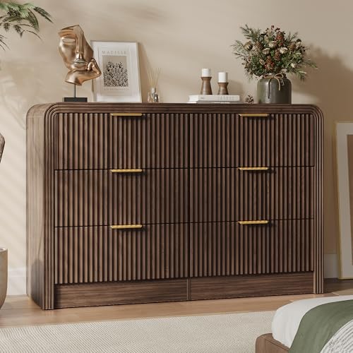 Decofy Fluted Drawers Dresser for Bedroom Wood Dressers with Gold Handles Modern Dressers with Wave Texture Large Storage Chest of Drawers Bedroom Dresser Organizer 47 & 6 Drawers (Walnut)