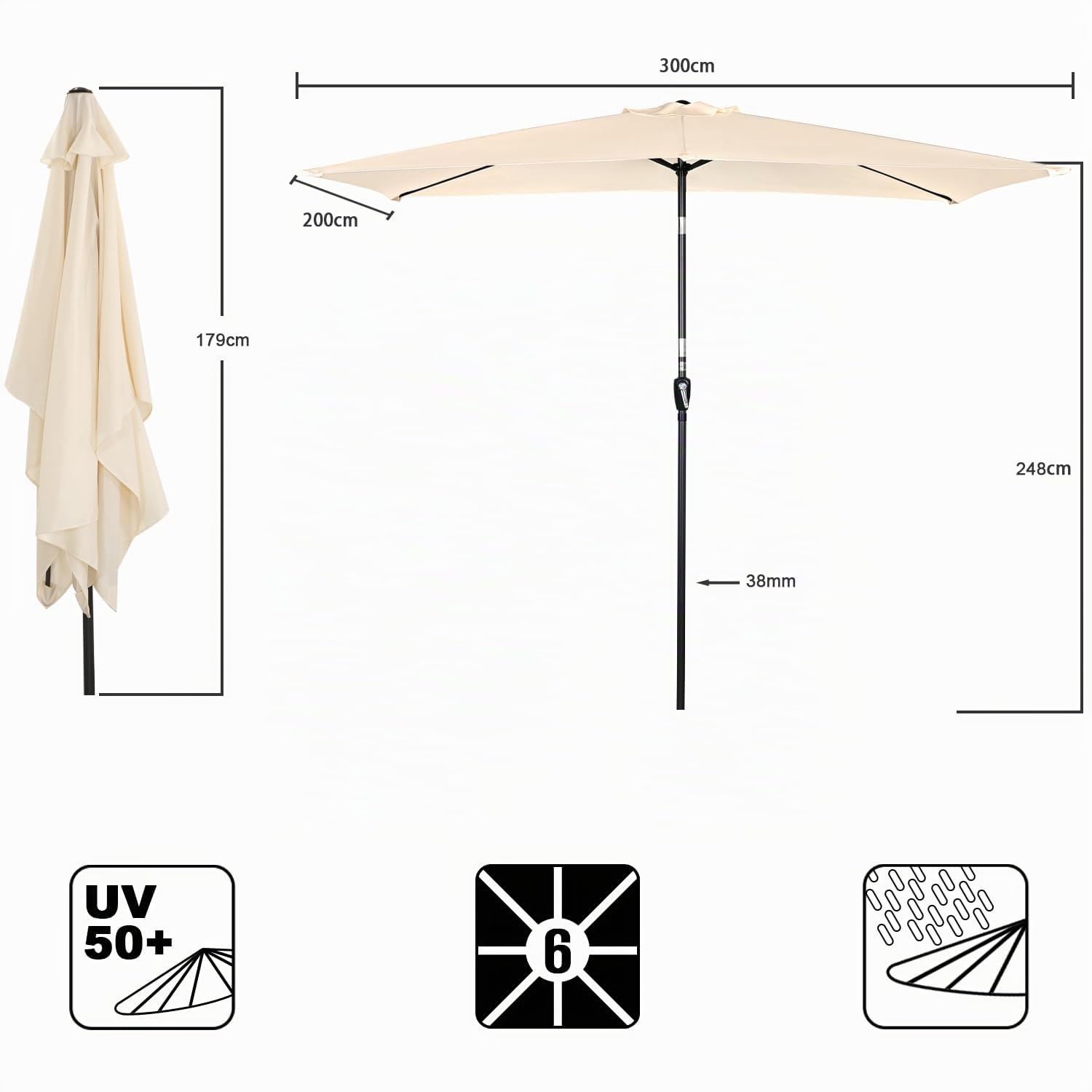 Angel Living 2x3M Sombrilla de Acero y Poliéster, Parasol Inclinado con Manivela, Sombrilla con Mástil Acero 38mm, para Balcón Terraza Patio Jardin