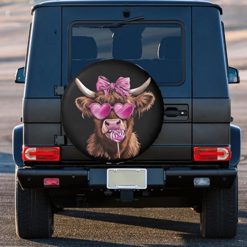Image of Highland Cow Pink Heart Glasses Lollipop Bow Valentine Spare Tire Cover Wheel Protectors Dust-Proof Sun Protection Wheel Tire Covers Universal Fit for Truck SUV RV Camper Trailer 16 inch