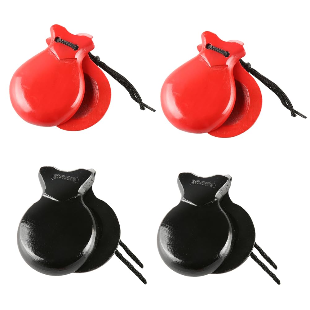 4Pcs Wooden Finger Castanets, Musical Castanets Instrument Music Educational Clap Board Musical Percussion Instruments for Adults(Black and Red)