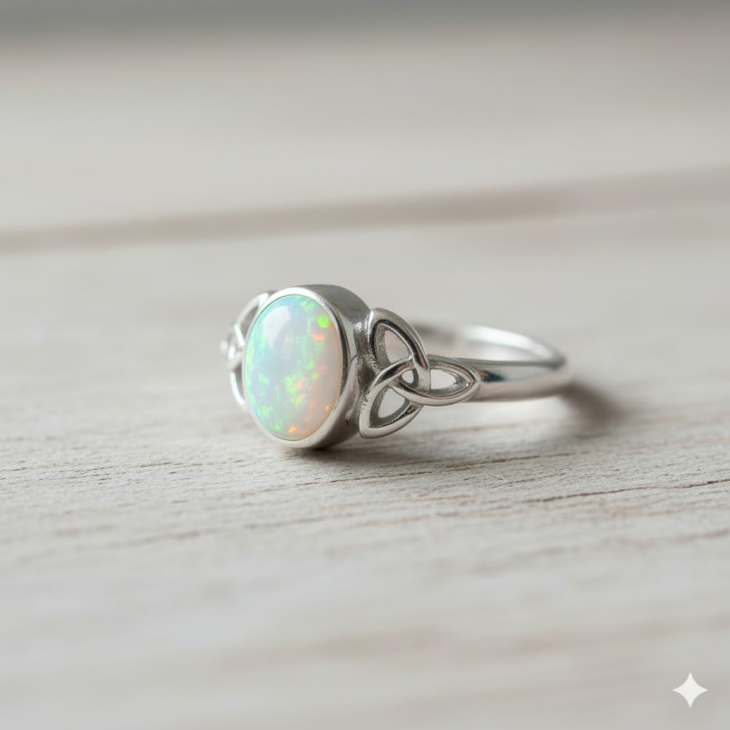 Handmade Sterling Silver Opal Gemstone Ring for Women (US 5-12 Size), Oval Shape Trinity Knot Ring for Women